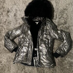 Silver Metallic Puffer Jacket with faux fur hood.